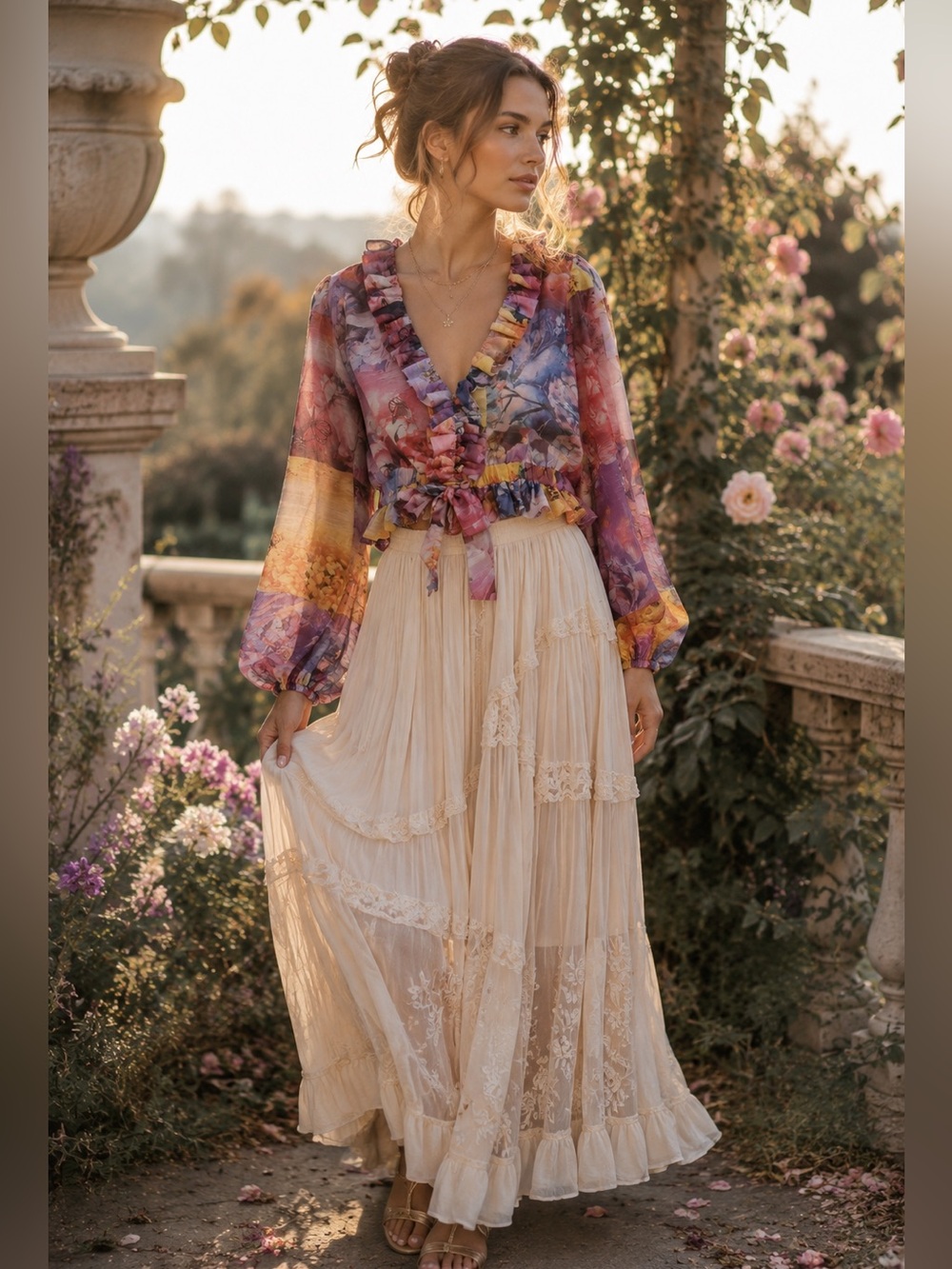 L’Atiste Floral Ruffle Tie Front Blouse Whimsical Fairycore Boho 1X
